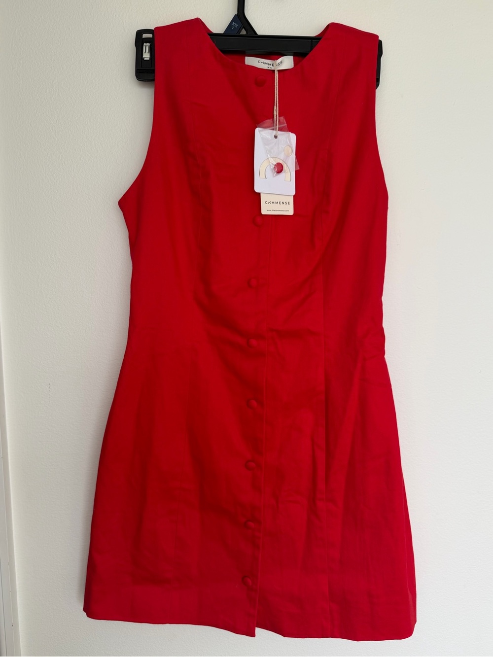 Commence Red non-functional button-front mini dress with decorative belt in back